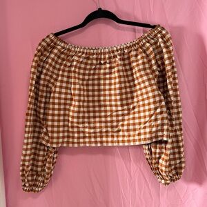 Brown Gingham Off-Shoulder Top by Giddy Up Goods